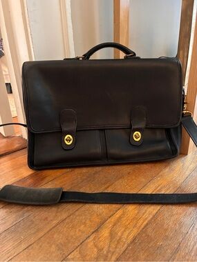 Vintage Coach Black Leather Prescott Briefcase with Gold Hardware